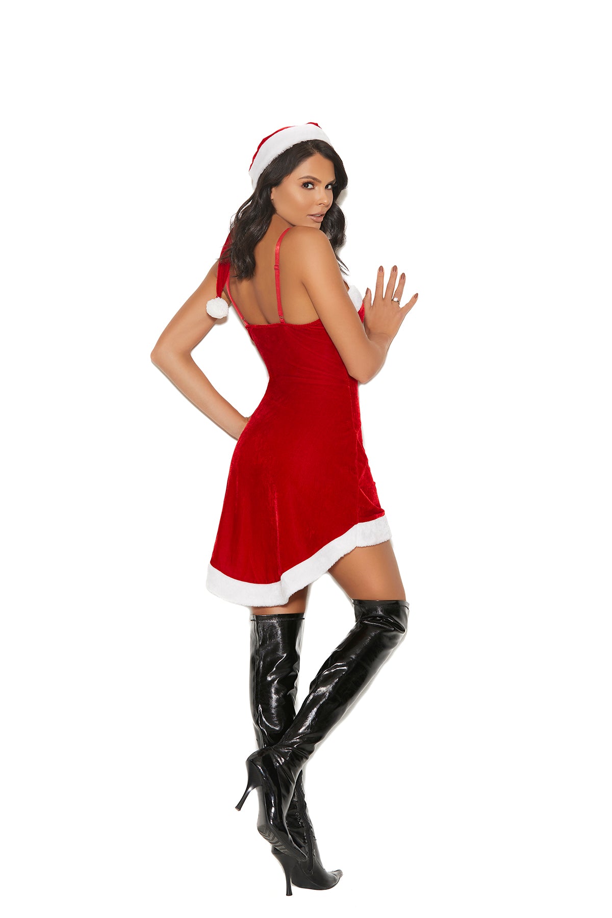 Back view of Model in red velvet dress with white faux-fur trim and Santa hat - Touchlace