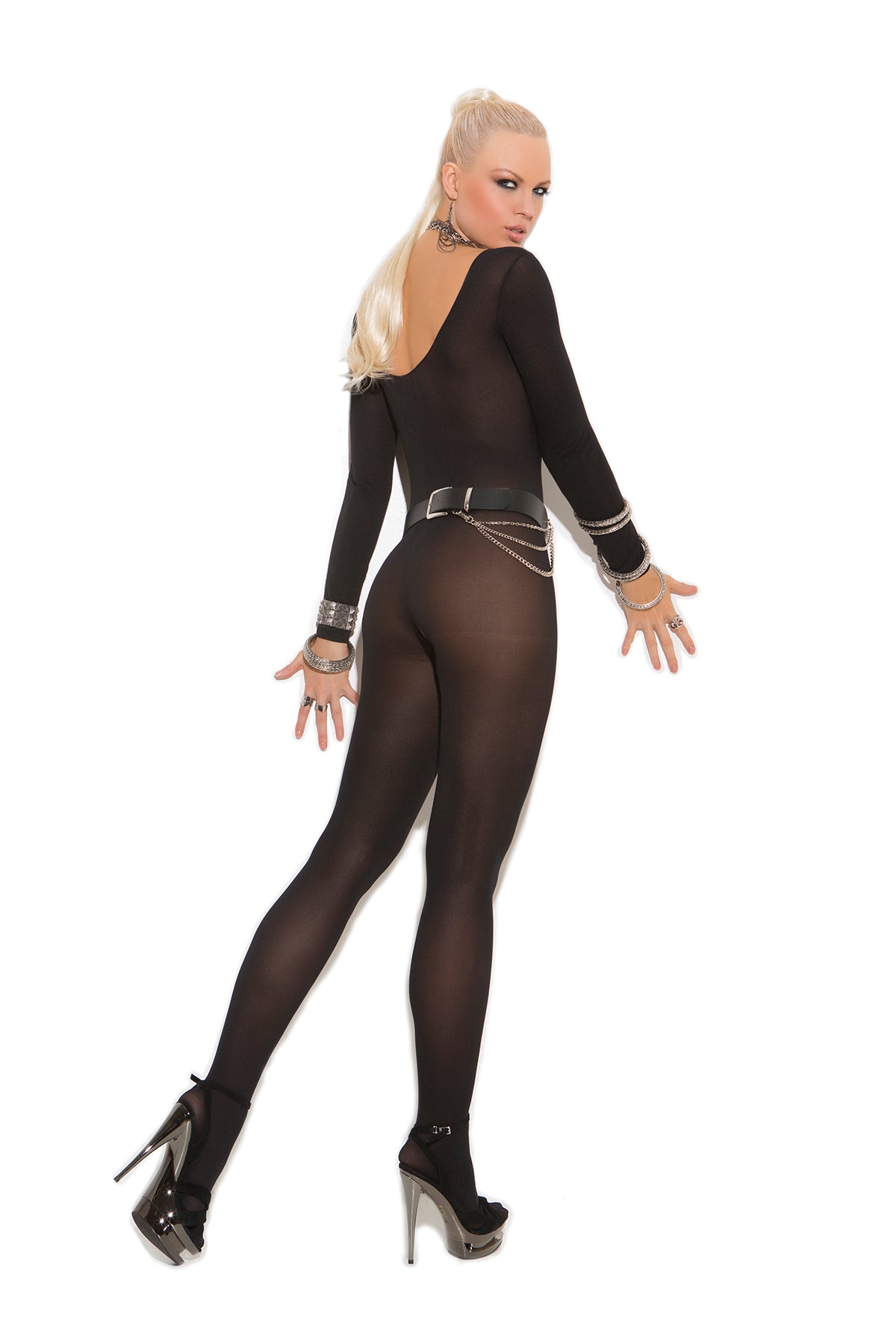 Back view of Black Opaque Long Sleeve Bodysuit - Touchlace