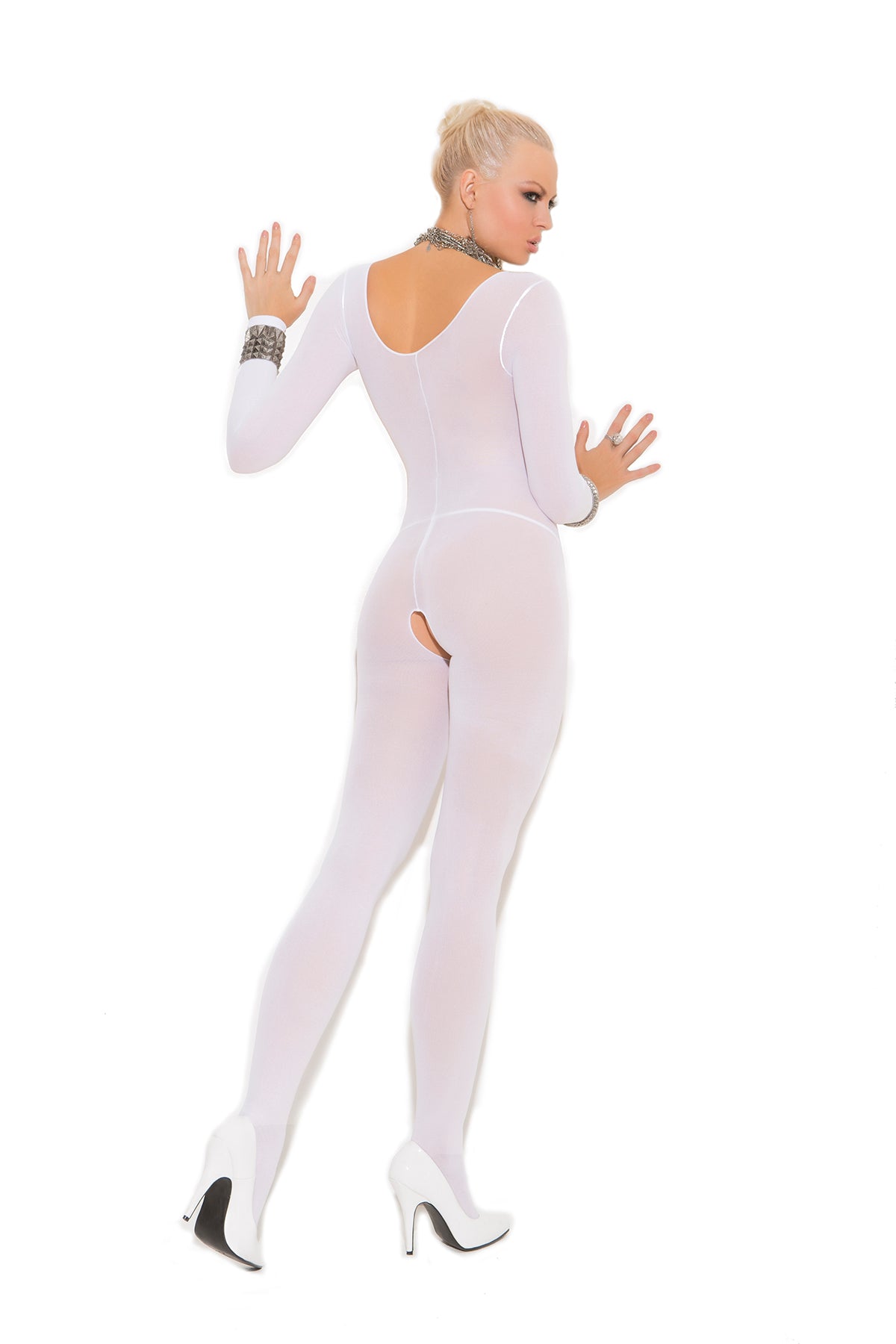Back view of white Opaque Long Sleeve Bodysuit - Touchlace