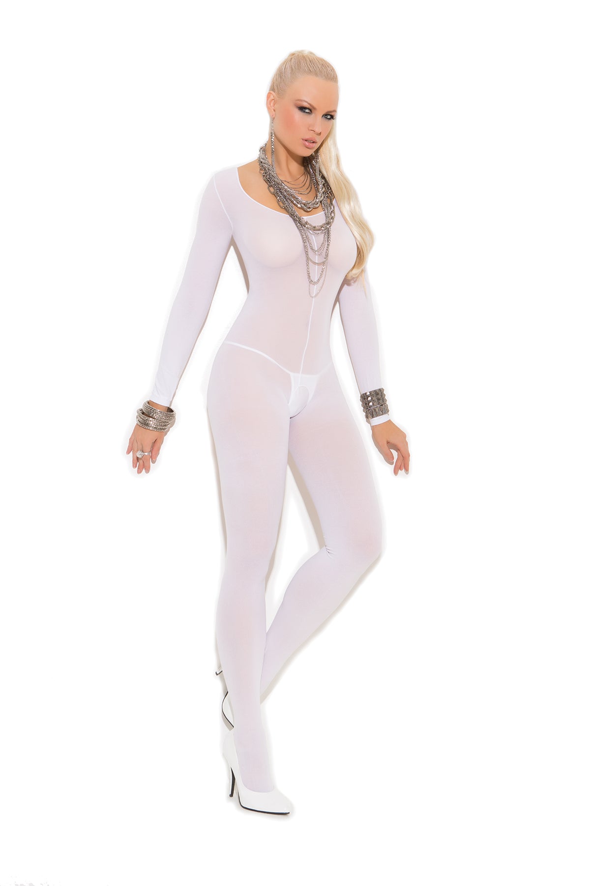 White Opaque Long Sleeve Bodysuit - Touchlace