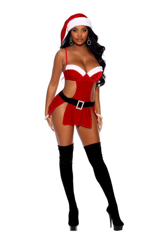 Woman wearing Holiday Vixen red and white velvet Santa costume | Touchlace